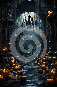 Halloween spooky background, scary pumpkins in creepy horror ghost house room.