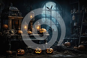 Halloween spooky background, scary pumpkins in creepy horror ghost house room.