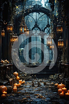 Halloween spooky background, scary pumpkins in creepy horror ghost castle.