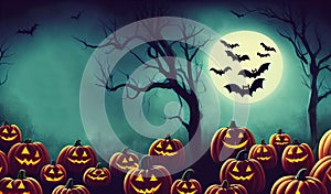Happy Halloween background, scary pumpkins in creepy forest in night backdrop.
