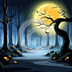 Halloween spooky background, scary pumpkins scene. Scary creepy forest
