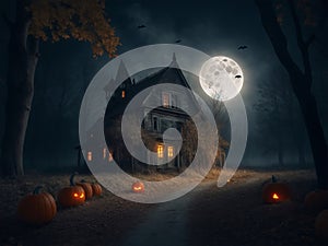 Halloween spooky background, scary pumpkins scene. Scary house in creepy forest with fog and lights. Happy Halloween theme.