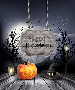 Halloween spooky background with wooden sign.