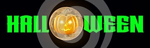 Halloween - A spooky Halloween banner with a full moon, a scary pumpkin with glowing eyes, set against a Black background