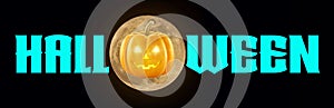 Halloween - A spooky Halloween banner with a full moon, a scary pumpkin with glowing eyes, set against a Black background