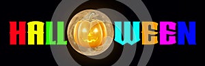 Halloween - A spooky Halloween banner with a full moon, a scary pumpkin with glowing eyes, set against a Black background