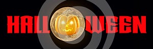 Halloween - A spooky Halloween banner with a full moon, a scary pumpkin with glowing eyes, set against a Black background