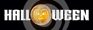 Halloween - A spooky Halloween banner with a full moon, a scary pumpkin with glowing eyes, set against a Black background