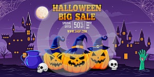 Halloween spooky cartoon illustration. Graphic design for the decoration of gift certificates, banners and flyer