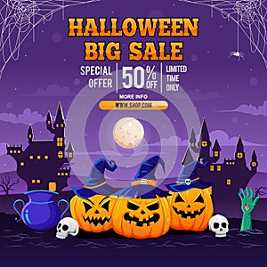 Halloween spooky cartoon illustration. Graphic design for the decoration of gift certificates, banners and flyer