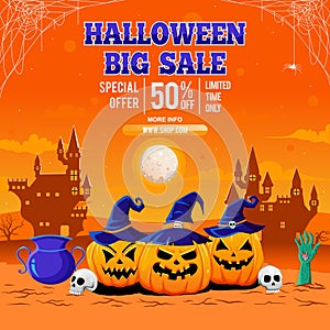 Halloween spooky cartoon illustration. Graphic design for the decoration of gift certificates, banners and flyer