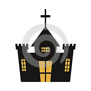 Halloween spooky castle silhouette design with yellow color shade. Haunted scary castle vector design on a white background.