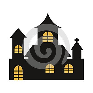 Halloween spooky castle silhouette design with yellow and dark black color shade. Haunted scary castle vector design on a white