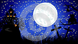 Halloween Spooky Dark Background - Witch Flying over the moon and haunted house with ghosts