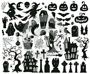 Halloween spooky elements. Cartoon halloween spooky evil silhouettes, witches, monsters and creepy ghost vector