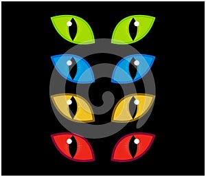 Halloween spooky eyes vector set on black background. Illustration of Evil, dangerous, wild angry cat iris in darkness