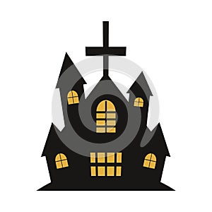 Halloween spooky house design with yellow and dark black color shade. Scary house silhouette vector design on a white background.
