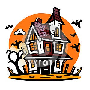 Halloween spooky house with flying bats. Vector cartoon illustration. Generative AI