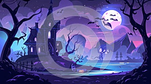 A Halloween spooky illustration with a haunted house, pumpkins, ghosts, and bats. A modern night landscape with a broken