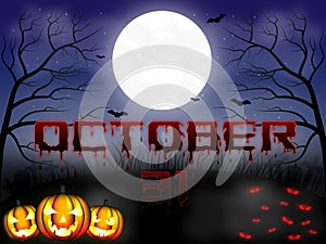 Halloween spooky night background with full moon and gory October text