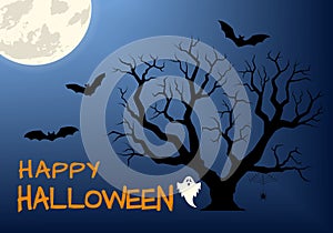 Halloween spooky night banner or background with full moon, Happy Halloween text, scary tree, bat silhouettes, spider web