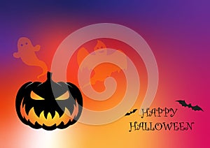 Halloween Spooky Nighttime Scene Horizontal Background, orange halloween banner with pumpkin and flying bats, spiders.