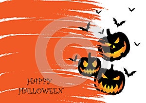 Halloween Spooky Nighttime Scene Horizontal Background, orange halloween banner with pumpkin and flying bats, spiders.