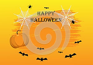 Halloween Spooky Nighttime Scene Horizontal Background, orange halloween banner with pumpkin and flying bats, spiders.