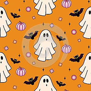 Halloween spooky orange seamless pattern background with ghosts and bats
