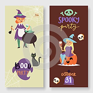 Halloween spooky party vector illustration banners set. Witch, pumpkin, black cat, magic cauldron and spider web