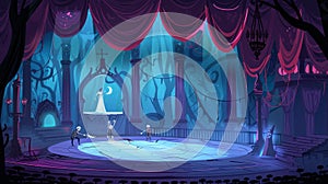 Halloween spooky scene, scary old interior with moonlight leaking through the floor, cartoon illustration showing ghosts