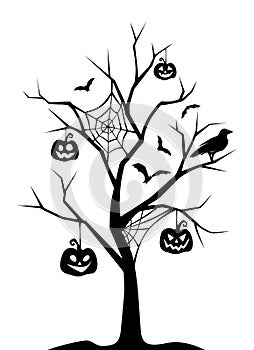 Halloween spooky tree with jack-oâ€™-lanterns, spider webs, and bats. Vector black silhouette.