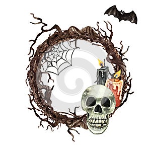 Halloween spooky twig wreath with watercolor skull, candles, bat, spiderweb. Holiday frame for decorating