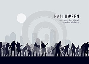 Halloween Spooky zombie crowd walking towards the town. Silhouettes illustration
