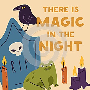 Halloween square card design with grave, skull, raven, candles and cute frog. Helloween holiday background template with