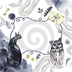 Halloween square frame with black cat, owl, keys and feathers. Isolated on a white background. Watercolor hand drawing.