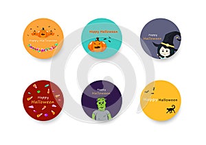 Halloween, sticker banner circles collection set for kids, celebration holiday season, party festival cartoon abstract background