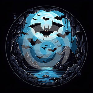 Halloween sticker A flock of bats flies into a cave at night