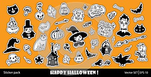 Halloween sticker pack. Happy Halloween illustrations set with cut outline for stickers