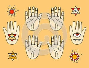 Halloween sticker pack. Palmistry, line prediction on the hands, evil eye, stars, esoteric, icons for palmist, fortuneteller,