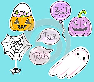 Halloween sticker set. Cute characters in cartoon style. Spider, ghost, pumpkin, treat or treat.
