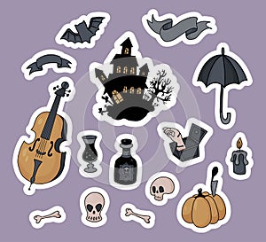 Halloween stickers. Creepy mystical house with bat, cello, rum, skull and crossbones, pumpkin and hand thing. Vector