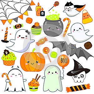 Halloween stickers, patches, badges. Cute pumpkin, ghosts, bat and other holiday symbols in kawaii style, Big collection of isolat