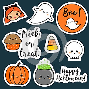 Halloween stickers, patches, badges. Cute pumpkin, ghosts, kids and other holiday symbols in kawaii style