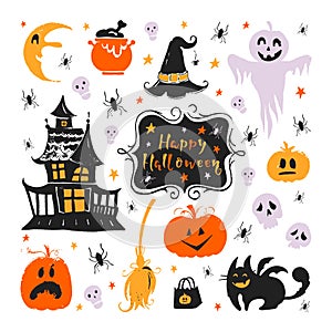 Halloween stickers with traditional symbols and handwritten lettering