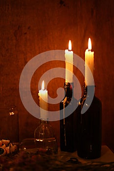 halloween still life with glowing candles