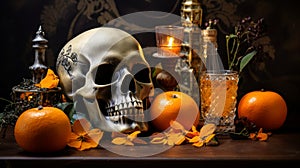 Halloween still life with orange. Halloween concept