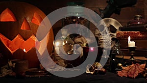 Halloween still life with pumpkins and skull