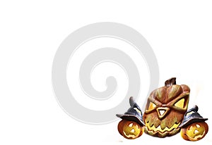 Halloween strawberry doll with pumpkins smoke background horror text