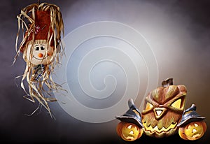 Halloween strawberry doll with pumpkins smoke background horror text